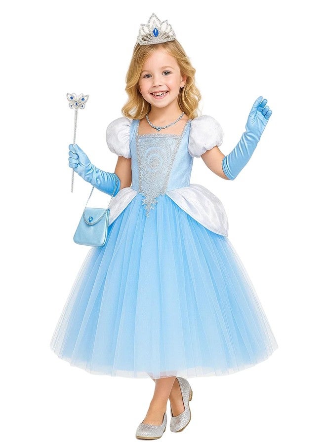 CQDY Princess Cinderella Dress for Girls Blue Puff Sleeve Costume Outfit Dress Up Clothes for Party Halloween Christmas Birthday - Image 2